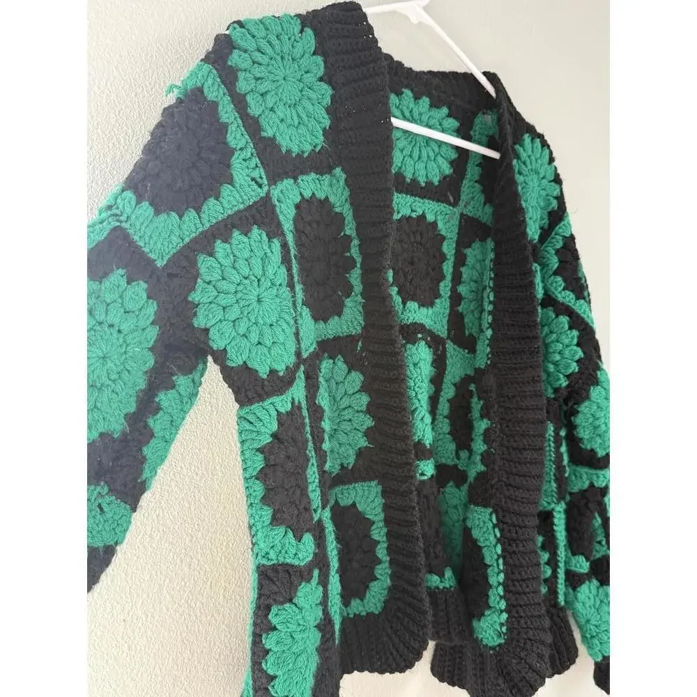 Crocheted Black and Green Cardigan Sweater (One Size)